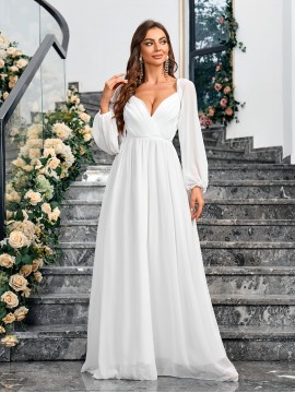 1pc Elegant White Chiffon V-Neck Fitted Wedding Dress for Mother - All-Season Solid Color Woven Gown, Perfect for Adult