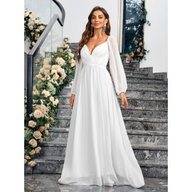 1pc Elegant White Chiffon V-Neck Fitted Wedding Dress for Mother - All-Season Solid Color Woven Gown, Perfect for Adult 1pc Elegant White Chiffon V-Neck Fitted Wedding Dress for Mother - All-Season Solid Color Woven Gown, Perfect for Adult