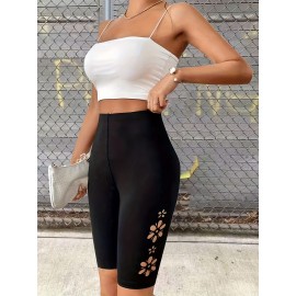 High Waist Skinny Stretchy Shorts, Floral Hollow Out Casual Solid Color Shorts For Spring & Summer, Women's Clothing High Waist Skinny Stretchy Shorts, Floral Hollow Out Casual Solid Color Shorts For Spring & Summer, Women's Clothing