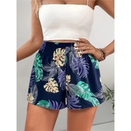 Stylish Women's Leaf Print Wide Leg Shorts - Casual Shirred Elastic High Waist Shorts for Spring & Summer