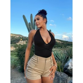 Womens High Waist Cargo Shorts with Flap Pockets - Stylish Vacation Wear for Spring & Summer - Trendy Comfortable Fashion