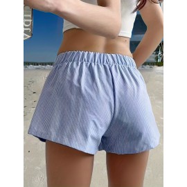 Stripe Print Elastic Waist Shorts, Casual Button Decor Shorts For Summer & Spring, Women's Clothing Stripe Print Elastic Waist Shorts, Casual Button Decor Shorts For Summer & Spring, Women's Clothing