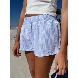 Stripe Print Elastic Waist Shorts, Casual Button Decor Shorts For Summer & Spring, Women's Clothing Stripe Print Elastic Waist Shorts, Casual Button Decor Shorts For Summer & Spring, Women's Clothing