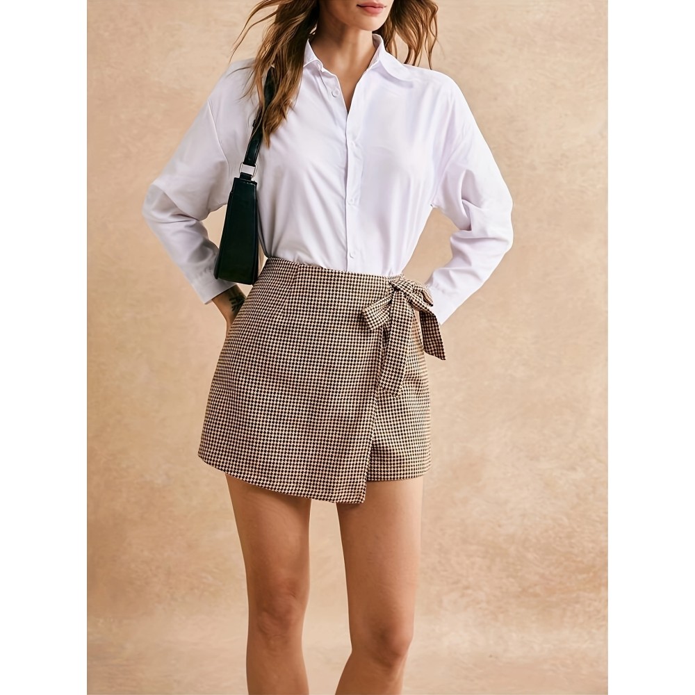 1pc Sexy Houndstooth Print Knotted Side Wrap Shorts, Woven Polyester, Versatile for Spring/Summer/Fall 1pc Sexy Houndstooth Print Knotted Side Wrap Shorts, Woven Polyester, Versatile for Spring/Summer/Fall