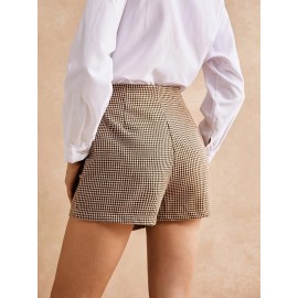 1pc Sexy Houndstooth Print Knotted Side Wrap Shorts, Woven Polyester, Versatile for Spring/Summer/Fall 1pc Sexy Houndstooth Print Knotted Side Wrap Shorts, Woven Polyester, Versatile for Spring/Summer/Fall