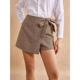 1pc Sexy Houndstooth Print Knotted Side Wrap Shorts, Woven Polyester, Versatile for Spring/Summer/Fall 1pc Sexy Houndstooth Print Knotted Side Wrap Shorts, Woven Polyester, Versatile for Spring/Summer/Fall