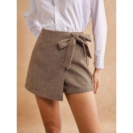 1pc Sexy Houndstooth Print Knotted Side Wrap Shorts, Woven Polyester, Versatile for Spring/Summer/Fall 1pc Sexy Houndstooth Print Knotted Side Wrap Shorts, Woven Polyester, Versatile for Spring/Summer/Fall