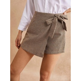 1pc Sexy Houndstooth Print Knotted Side Wrap Shorts, Woven Polyester, Versatile for Spring/Summer/Fall 1pc Sexy Houndstooth Print Knotted Side Wrap Shorts, Woven Polyester, Versatile for Spring/Summer/Fall